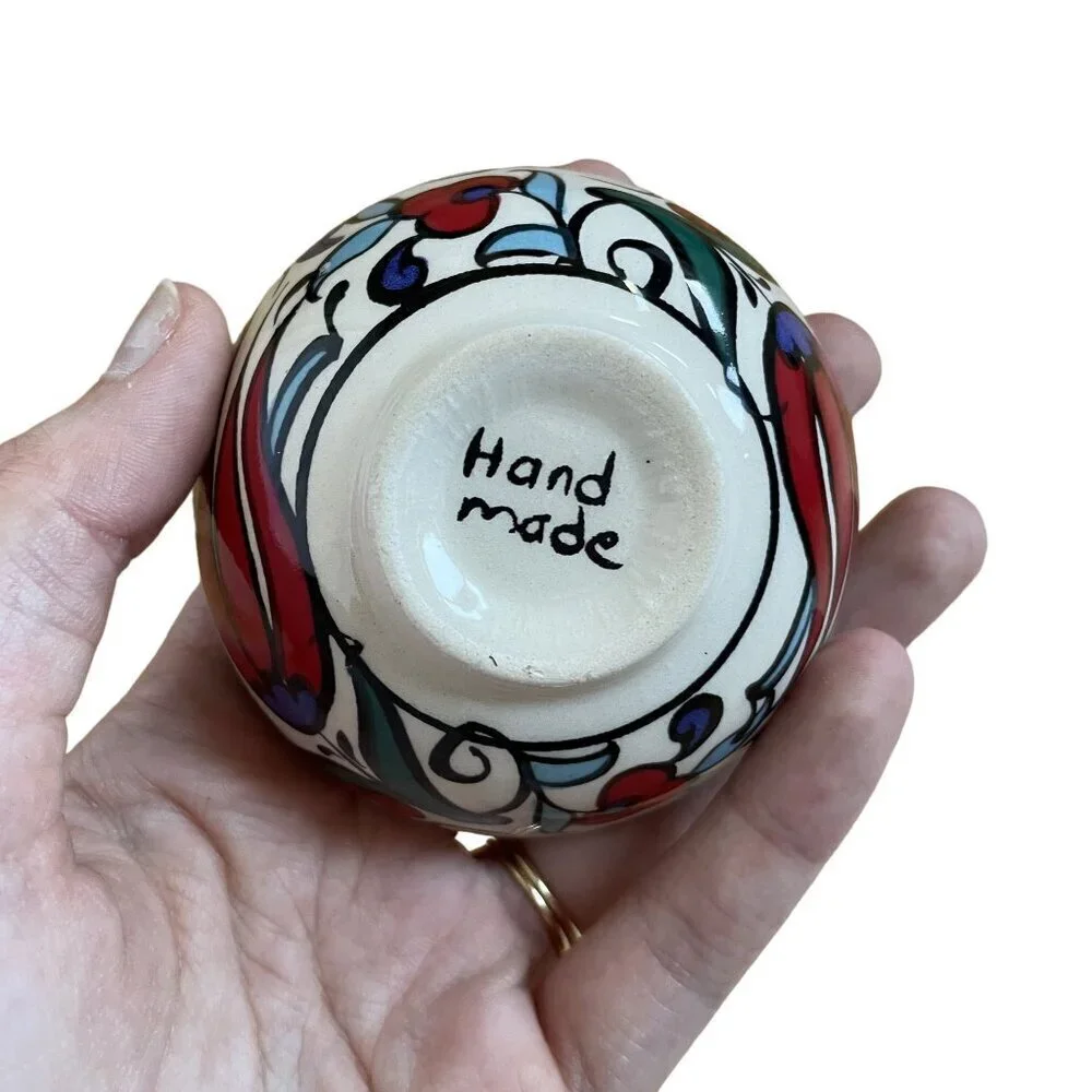Handmade turkish bowl hand painted blue and‎ red floral design delicate